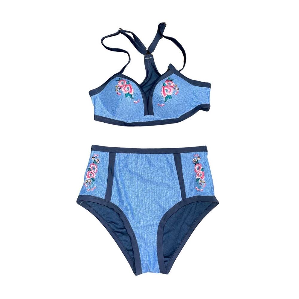 Marilyn Monroe Floral Embroidered High Waisted Two Piece Swimsuit Bikini Beach